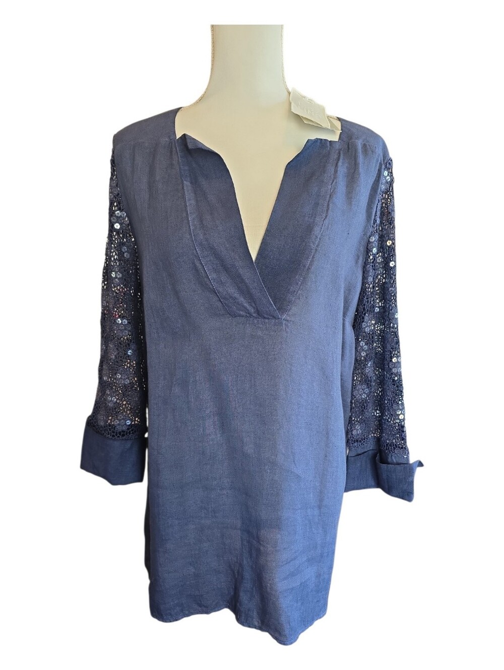 120% Lino NWT Linen Tunic Navy Large EU46 Sequined Sleeves Retail $365